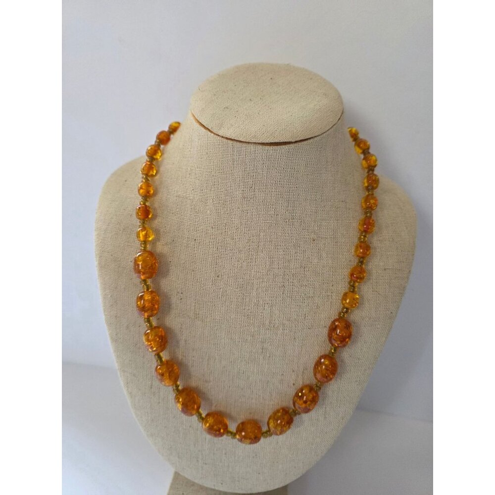 Vintage Amber Graduated Bead Necklace With Gold Tone Spacers